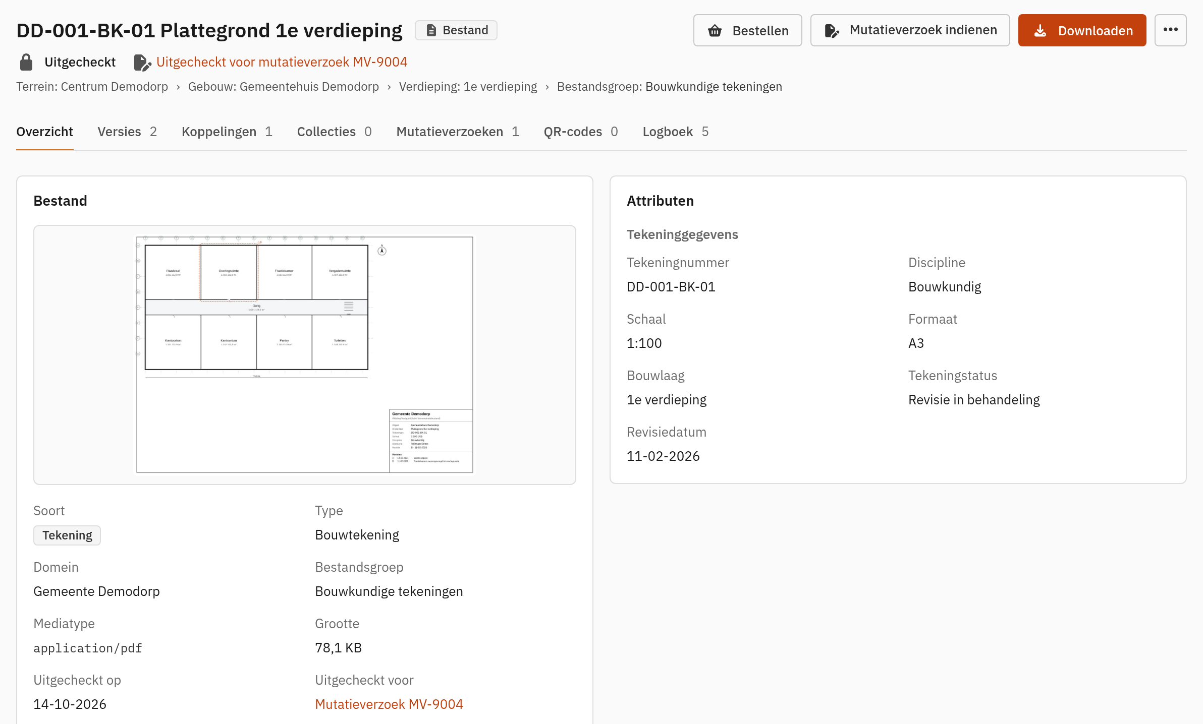Tekeningdetail met de melding Uitgecheckt voor mutatieverzoek, tekeningstatus Revisie in behandeling en de datum van uitchecken.