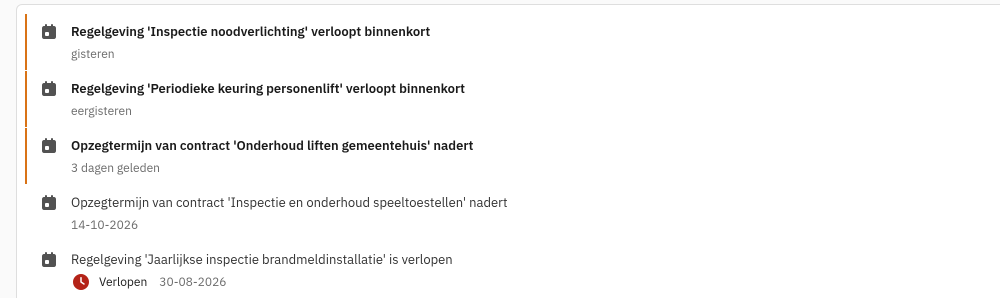 Lijst met termijnmeldingen, ongelezen meldingen gemarkeerd, met de tekst verloopt binnenkort, is verlopen of opzegtermijn nadert.
