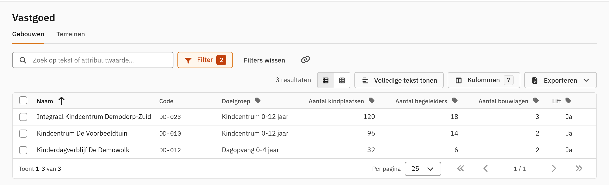 Gebouwenlijst met filter actief en drie resultaten: fictieve kindcentra en een kinderdagverblijf met hun doelgroep, aantal kindplaatsen, begeleiders, bouwlagen en lift.