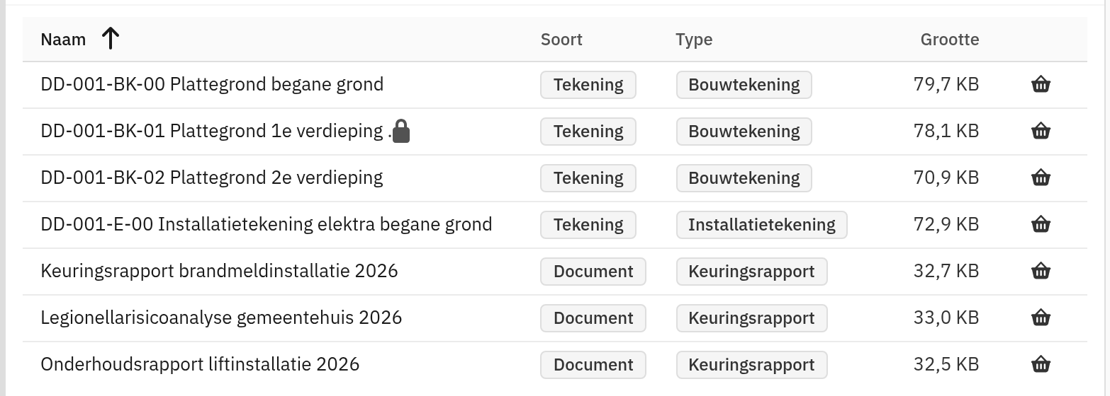 Bestandenlijst van een gebouw met vier bouwkundige en installatietekeningen en drie documenten van het type keuringsrapport, waaronder een onderhoudsrapport van de liftinstallatie.